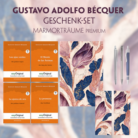 Gustavo Adolfo Bécquer Geschenkset - 4 Bücher (mit Audio-Online) + Marmorträume Schreibset Premium - Gustavo Adolfo Bécquer