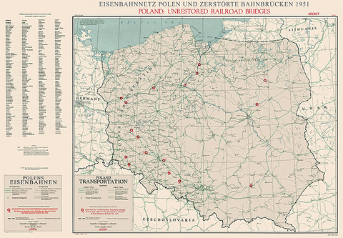 CIA-Karte: Eisenbahnnetz Polen und zerstörte Bahnbrücken 1951