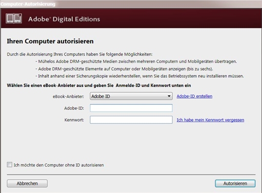 Adobe Digital Editions mit Ihrer Adobe-ID autorisieren