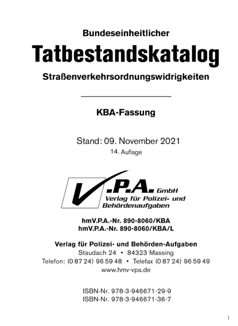 Bundeseinheitlichen Tatbestandskatalog, KBA-Langfassung, Stand 09. November 2021 - 