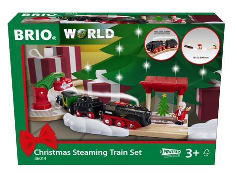BRIO World 36014 Batterie-Dampflok Weihnachts-Set - Aus dem Schornstein der Lokomotive strömt kalter Wasserdampf - Großes Schienenlayout für eine Rundtour um den Weihnachtsbaum, empfohlen ab 3 Jahren