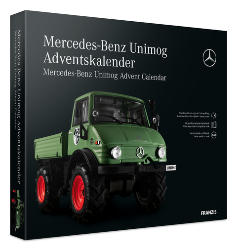 Mercedes-Benz Unimog Adventskalender grün, Metall Modellbausatz im Maßstab 1:43, inkl. Soundmodul und 52-seitigem Begleitbuch