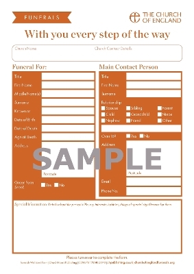 Funeral Welcome Form (pack of 30) -  Church of England