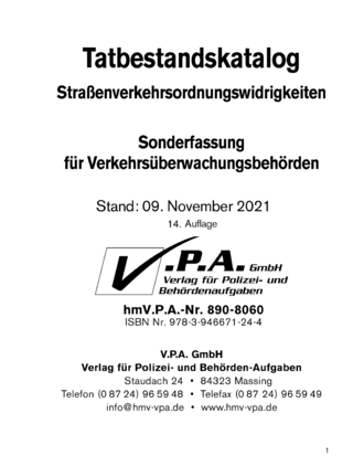 Bundeseinheitlicher Tatbestandskatalog - Sonderfassung für Verkehrsüberwachung - V.P.A. GmbH