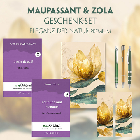 Guy de Maupassant & Émile Zola Geschenkset - 2 Bücher (mit Audio-Online) + Eleganz der Natur Schreibset Premium - Guy de Maupassant, Émile Zola