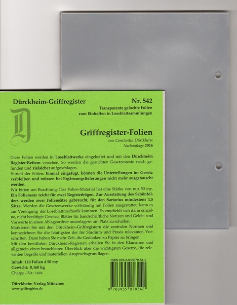 Transparente Folien zum Einheften und Unterteilen der Gesetzessammlungen mit Dürckheim Griffregister - 