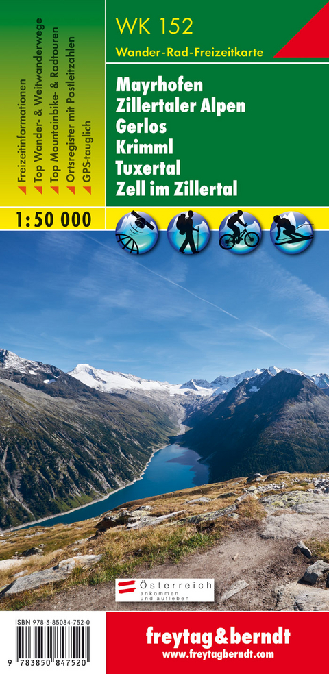 WK 152 Mayrhofen - Zillertaler Alpen - Gerlos - Krimml - Tuxertal - Zell im Zillertal, Wanderkarte 1:50.000 - 