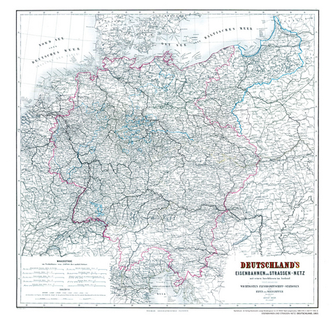 Hist. Karte: DEUTSCHLAND 1865 - Eisenbahnkarte mit Straßennetz (Plano)