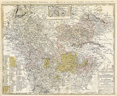 Historische Karte: Fürstentümer Grubenhagen, Calenberg, Wolfenbüttel, Blankenburg mit dem Harz. 1786 (Plano) - Ludwig Güssefeld, Erben Homann