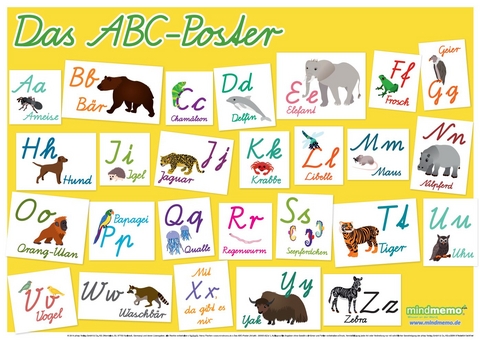 mindmemo Lernposter - Das Tier ABC Poster für Kinder in Schreibschrift Schulausgangsschrift Alphabet lernen - Henry Fischer, Philipp Hunstein, Stefanie Henneböhl