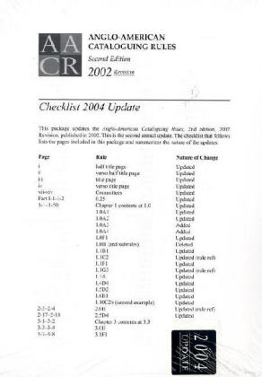 Anglo-american Cataloguing Rules  Checklist 2004 Update -  Ala