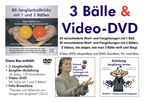 Video-DVD "80 Jonglierballtricks mit 1 und 2 Bällen" plus Broschüre "Demenz und Alzheimer vorbeugen mit Jonglieren" plus 3 Jonglierbälle plus Jonglier-Anleitung - Stephan Ehlers