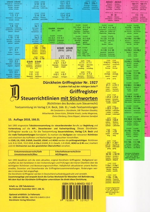 STEUERRICHTLINIEN Dürckheim-Griffregister Nr. 1927 (2018/166. EL) mit Stichworten aus der Gesetzesüberschrift - 