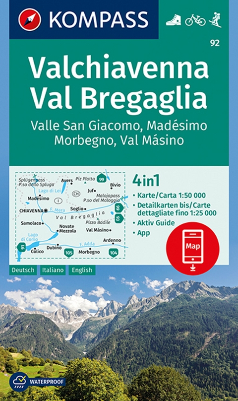 KOMPASS Wanderkarte 92 Valchiavenna, Val Bregaglia, Valle San Giacomo, Madésimo, Morbegno, Val Másino